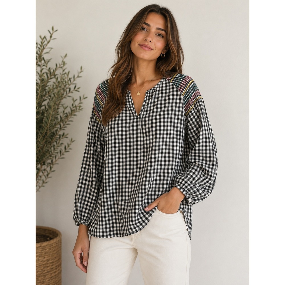 Madewell Smocked Embroidered Gingham‎ Blouse Cottagecore Boho Minimalist Preppy